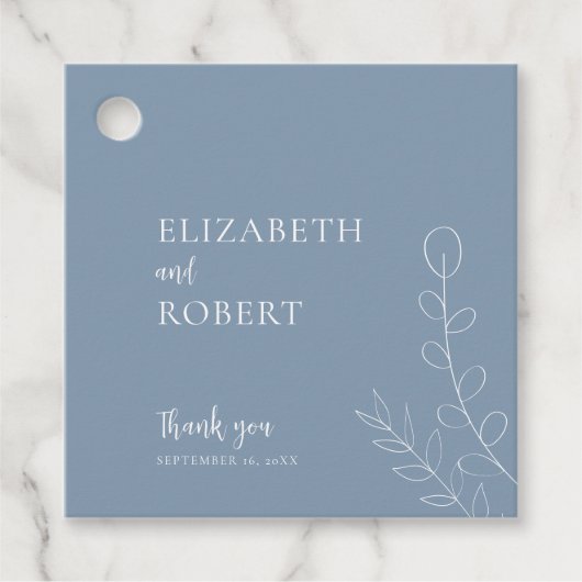 Bloemige Stofblauwe Trouwscript Elegant Minimaal Bedankjes Labels (Voorkant)