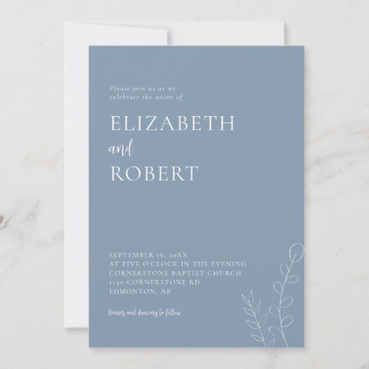 Bloemige Stofblauwe Trouwscript Elegant Minimaal Kaart (Voorkant)
