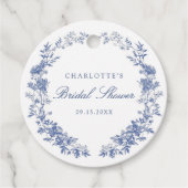 Bloemige stoffige blauwe bruidsdouche bedankjes labels (Voorkant)