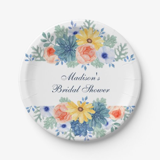 Bloemige Succulente Macaron Bruiloftsborrel Papieren Bordje (Voorkant)