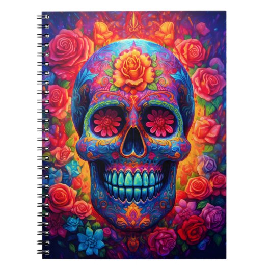 Bloemige Suiker Schedel Gelukkig Halloween Seizoen Notitieboek (Voorkant)
