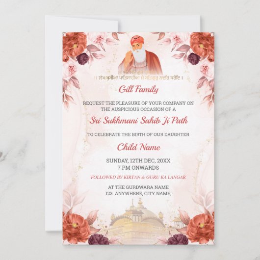 Bloemige Sukhmani Sahib Paath Uitnodiging (Voorkant)