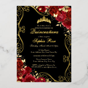 Bloemige Swirl Rood Goud Zwart Vlinder Quinceanera Folie Uitnodiging