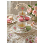 Bloemige tafel, theekopjes, etagères macarons koni klembord (Achterkant)