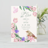 Bloemige tak vogel save the date (Staand voorkant)
