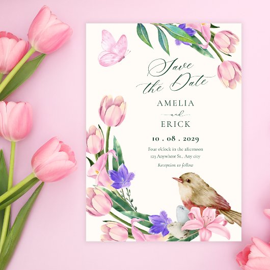 Bloemige tak vogel save the date