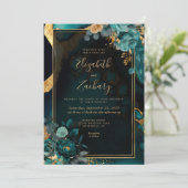 Bloemige Teal Agate Gouden Frame QR Code Huwelijk Kaart (Staand voorkant)