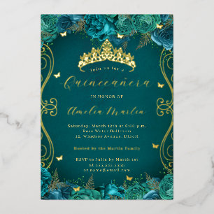Bloemige Teal Gouden Scroll Quinceanera  Folie Uitnodiging