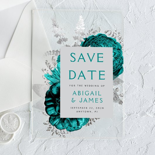 Bloemige Teal Zilveren Trouw Save the Date Acryl Uitnodigingen