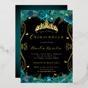 Bloemige Teal Zwarte Gouden Scroll Quinceanera Folie Uitnodiging