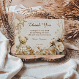 Bloemige teddybeer babyshower bedankkaart