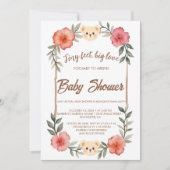 Bloemige teddybeer babyshower uitnodiging neutraal (Voorkant)