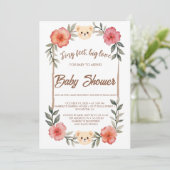 Bloemige teddybeer babyshower uitnodiging neutraal (Staand voorkant)
