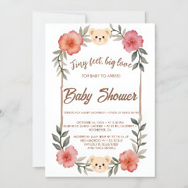 Bloemige teddybeer babyshower uitnodiging neutraal