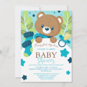 Bloemige teddybeer babyshower uitnodiging neutraal (Voorkant)