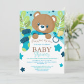 Bloemige teddybeer babyshower uitnodiging neutraal (Staand voorkant)