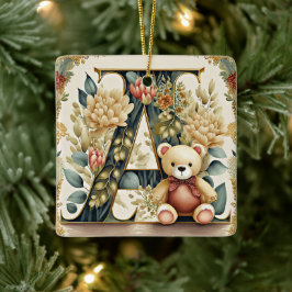 Bloemige teddybeer letter A Keramisch Ornament