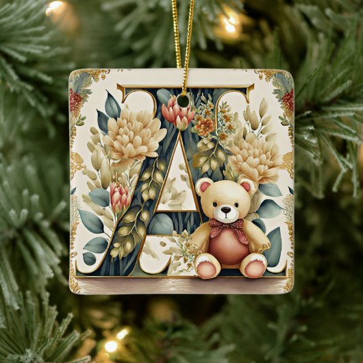 Bloemige teddybeer letter A Keramisch Ornament (Boom)