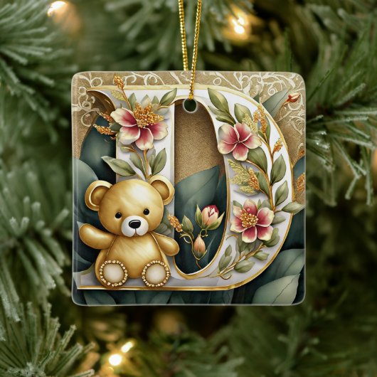 Bloemige teddybeer letter D Keramisch Ornament (Boom)