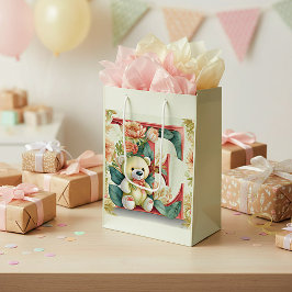 Bloemige teddybeer letter E Medium Cadeauzakje