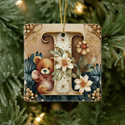 Bloemige teddybeer letter I Keramisch Ornament (Boom)