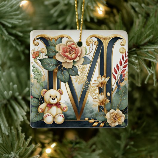 Bloemige teddybeer letter M Keramisch Ornament (Boom)