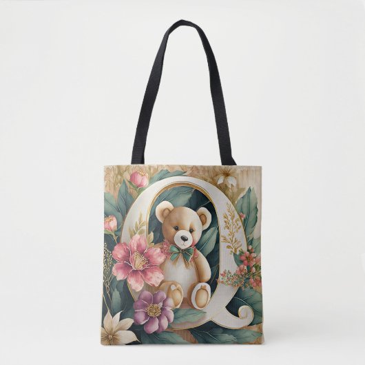 Bloemige teddybeer letter Q Tote Bag (Voorkant)