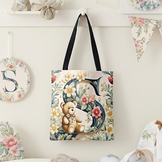 Bloemige teddybeer letter S Tote Bag