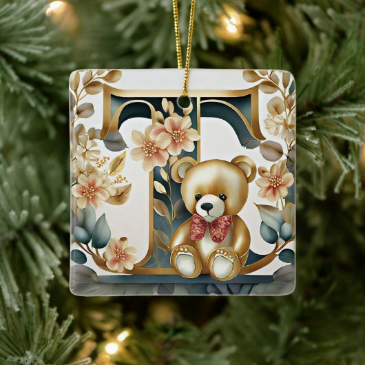 Bloemige teddybeer letter T Keramisch Ornament (Boom)