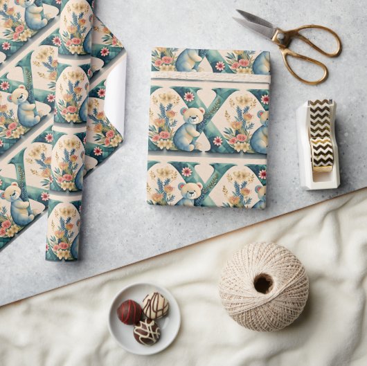 Bloemige teddybeer letter X Cadeaupapier (Crafts)