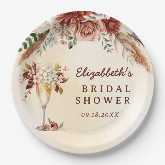 Bloemige Terracotta Boho Bruiloft Feest Papieren Bordje (Voorkant)