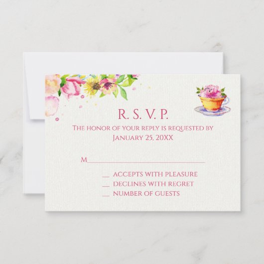 Bloemige Theepartij Reactiekaarten RSVP Kaartje (Voorkant)