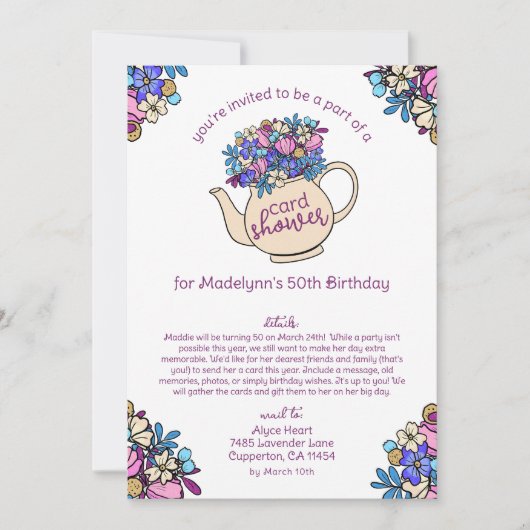 Bloemige Theepot 50e Verjaardagskaart Shower per P Kaart (Voorkant)