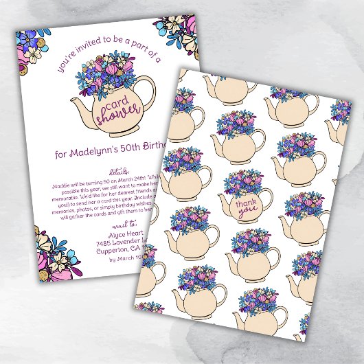 Bloemige Theepot 50e Verjaardagskaart Shower per P Kaart