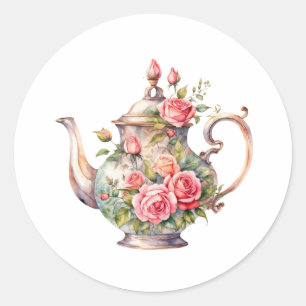  bloemige theepot met Rozen Ronde Sticker