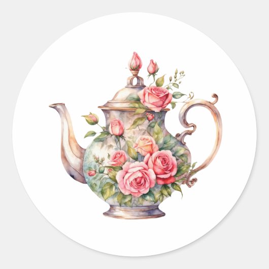 bloemige theepot met Rozen Ronde Sticker (Voorkant)