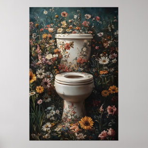 Bloemige Toiletprint, Vintage Badkamerposter, Donk Poster