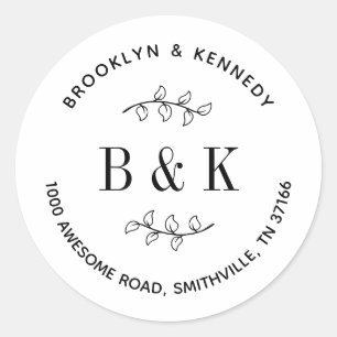 Bloemige Trouw Monogram Koppel Naam Retouradres Ronde Sticker