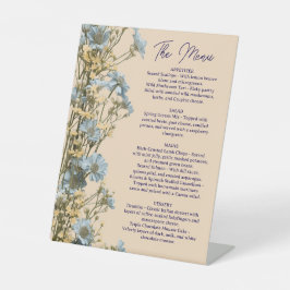Bloemige trouwmenu, minimalistisch menu, elegant reclamebord met voetstuk