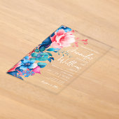Bloemige trouwmoderne scripttypografie blauw roze acryl uitnodigingen (Laagn)