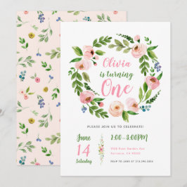 Bloemige tuin 1e verjaardagsuitnodiging | Pioenmei Kaart