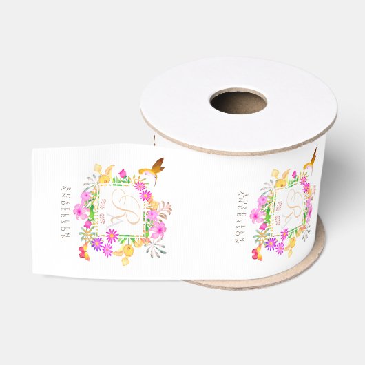 Bloemige Tuin Monogram Wit Grosgrain Lint (Spoel)