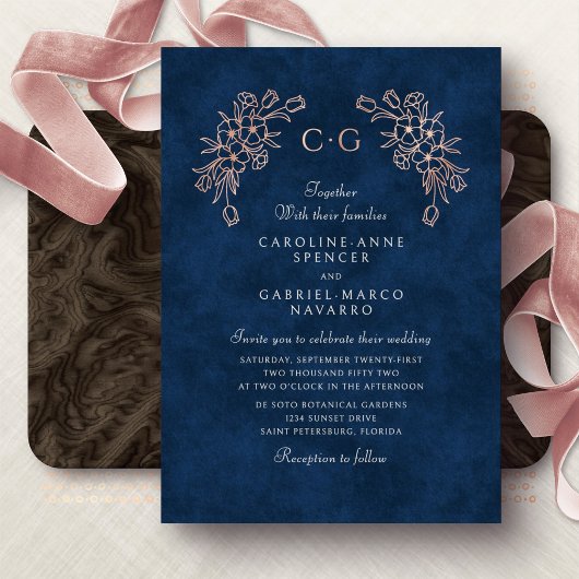 Bloemige Tulp Monogram Bruiloft Folie Uitnodiging
