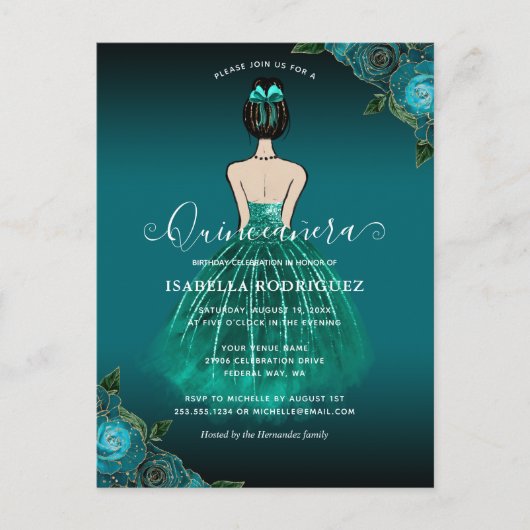 Bloemige Turquoise Prinses Gouden Verjaardag Quinc Briefkaart (Voorkant)