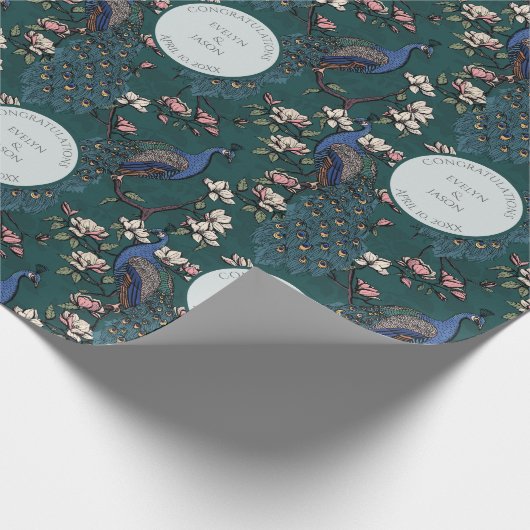 Bloemige Turquoise Trouw Pauw & Bloemen  Cadeaupapier (Hoek)