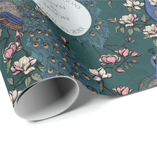 Bloemige Turquoise Trouw Pauw & Bloemen  Cadeaupapier (Rol Hoek)