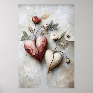 Bloemige Tweehartenprint, Valentijn Romantisch Har Poster