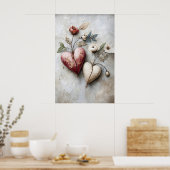 Bloemige Tweehartenprint, Valentijn Romantisch Har Poster (Keuken)