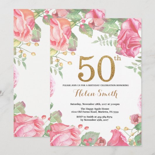 Bloemige uitnodiging 50e verjaardag gouden glitter (Voorkant / Achterkant)