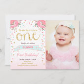 Bloemige uitnodiging eerste verjaardag meisje Roze (Voorkant)